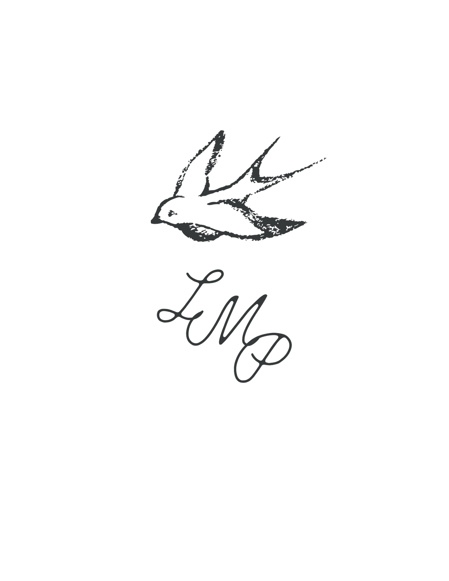Minimalist swallow bird stamp tattoo design above cursive LM initials monogram in black ink.