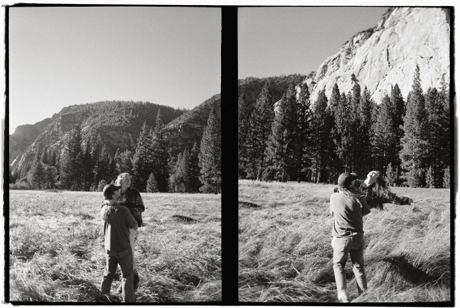 Black and white diptych of a person photographing mountain landscape with pine trees and rocky cliffs in Yosemite.