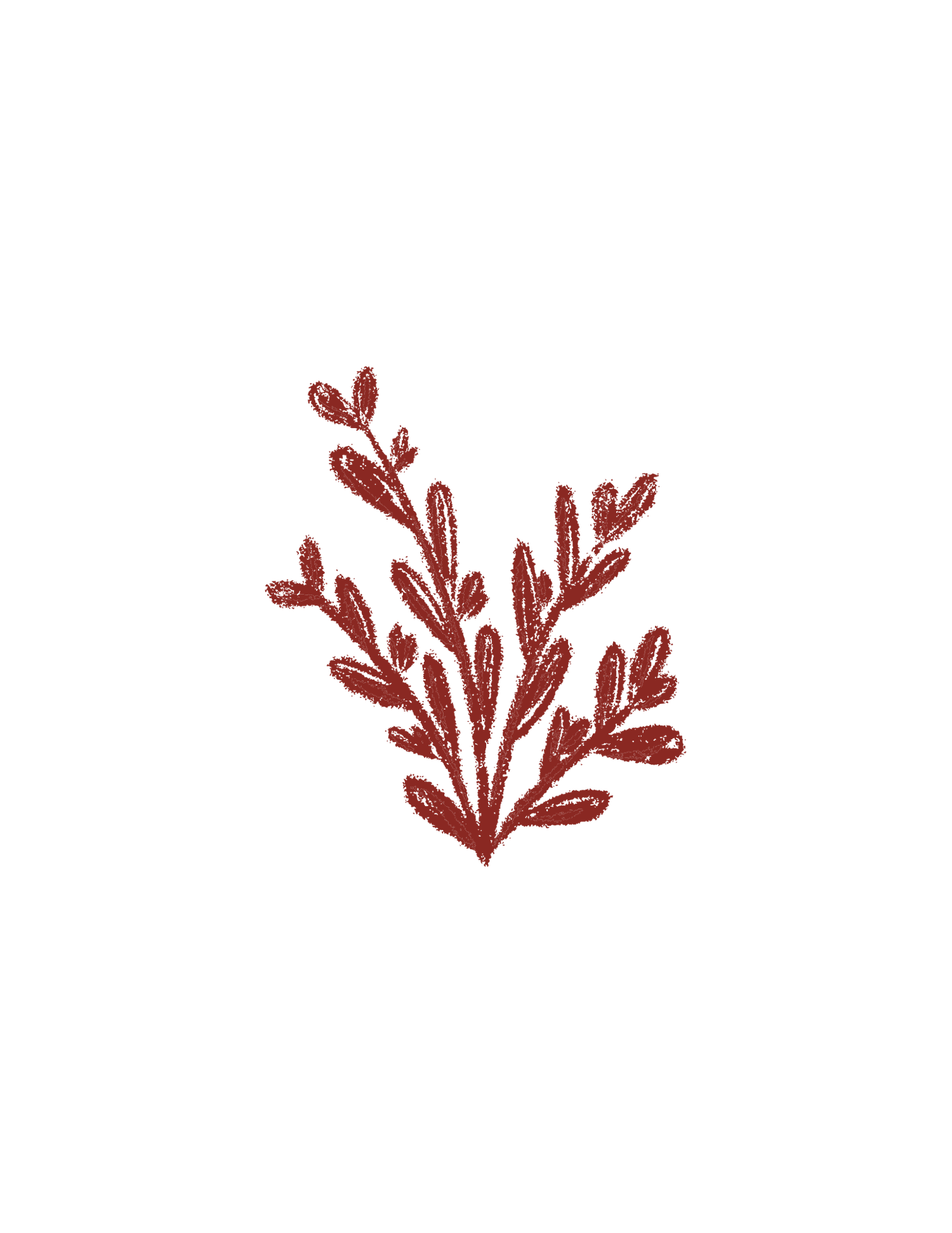 Red glittery botanical illustration of a leafy plant branch on white background.