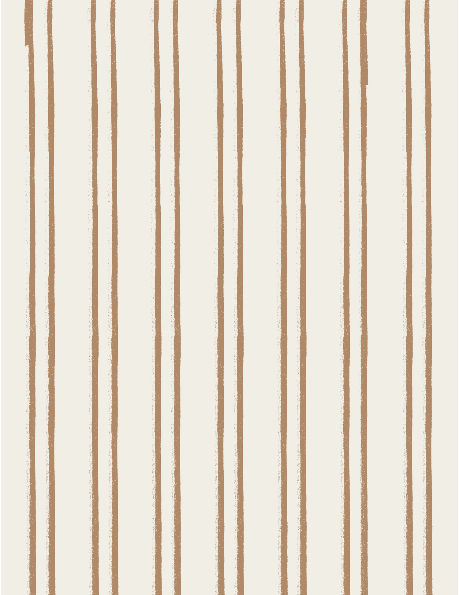 Cream wallpaper with thin hand-drawn caramel brown vertical stripes in a classic pinstripe pattern.