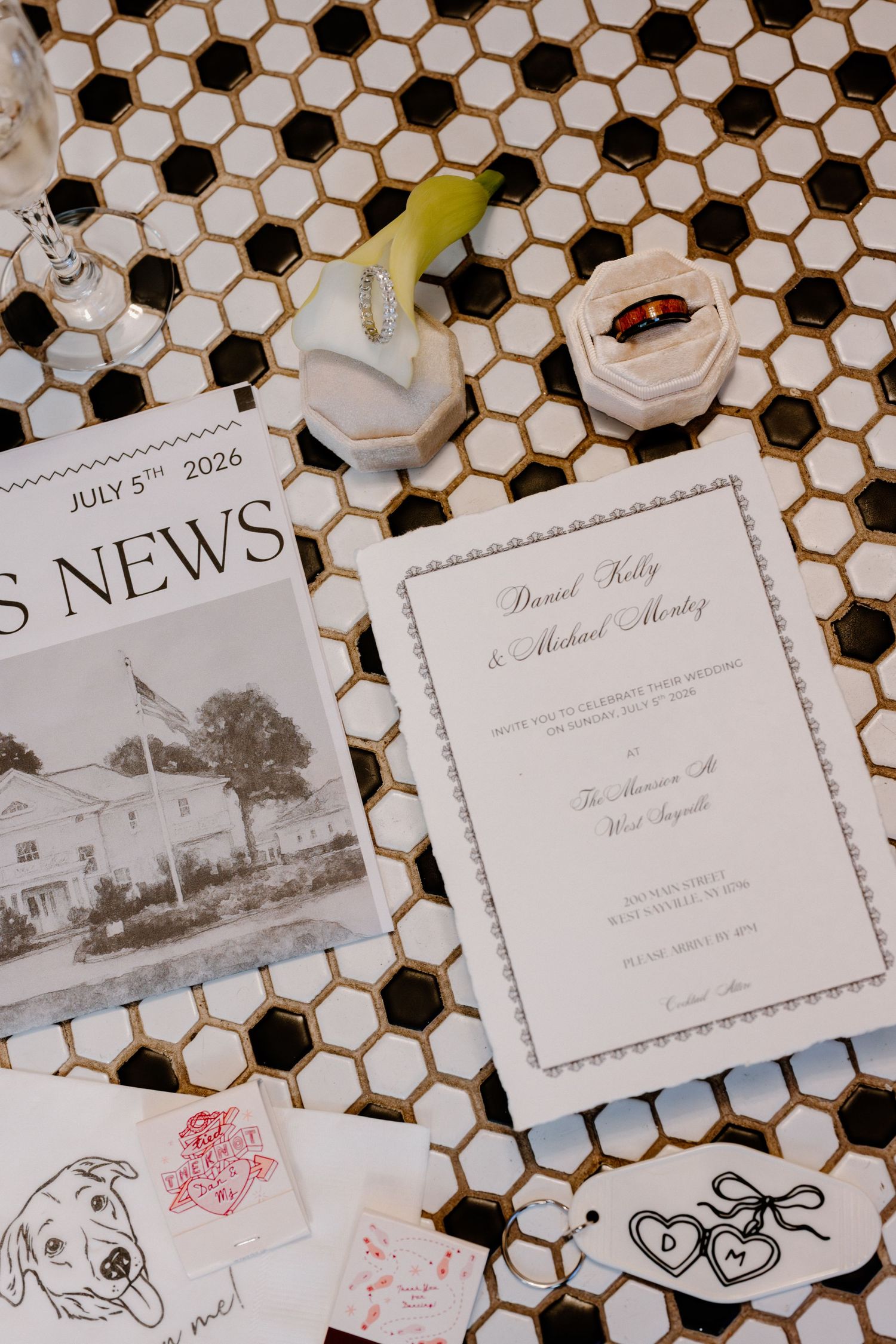 Wedding Detail Flat Lay with Cala Lillys taken at Mansion at West Sayville, Long Island