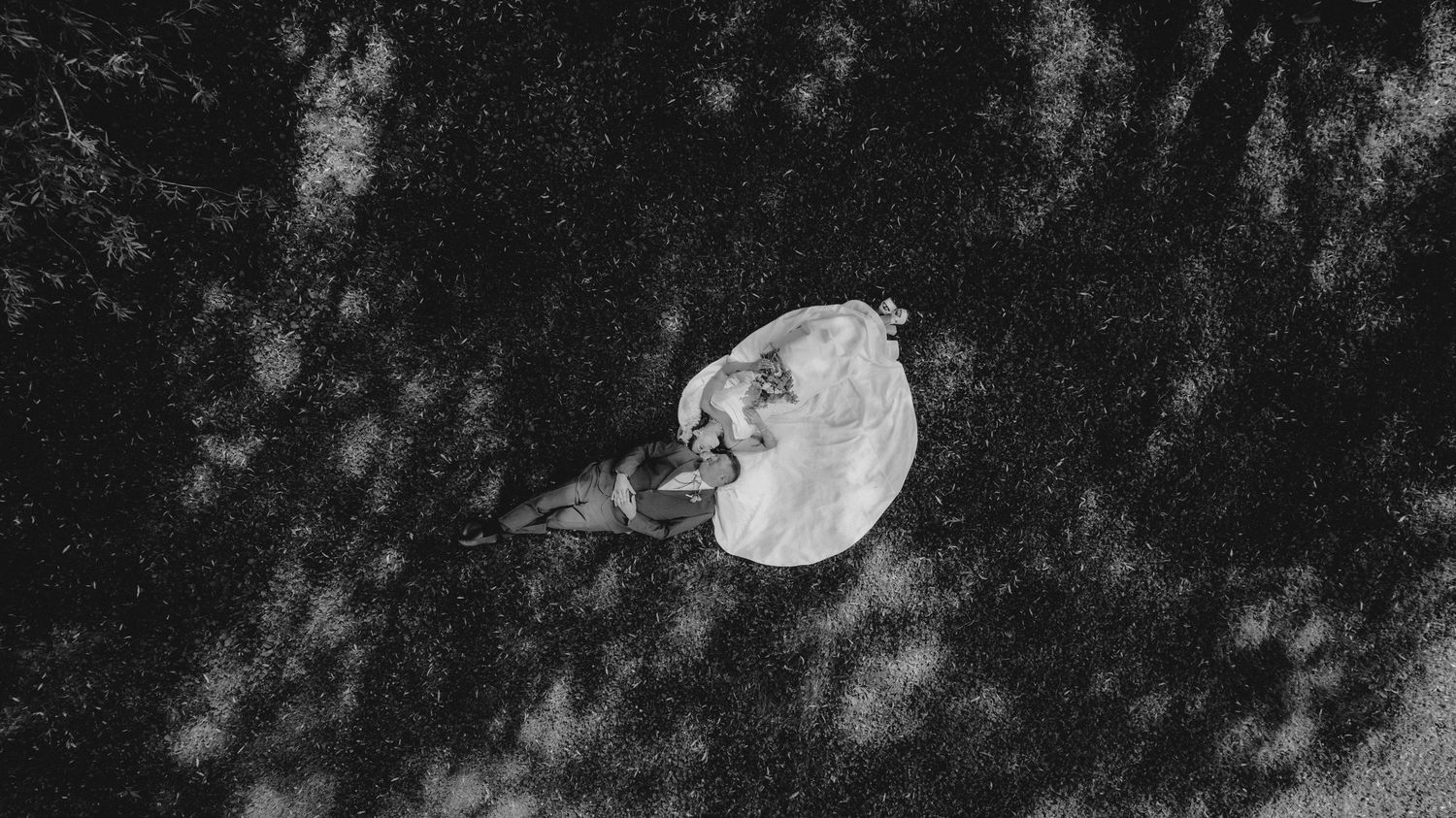 Aerial drone black and white wedding photo