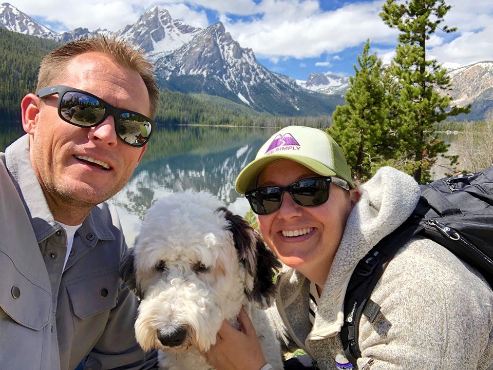 Justin, Melissa, and their dog Winston at Stanley lake.