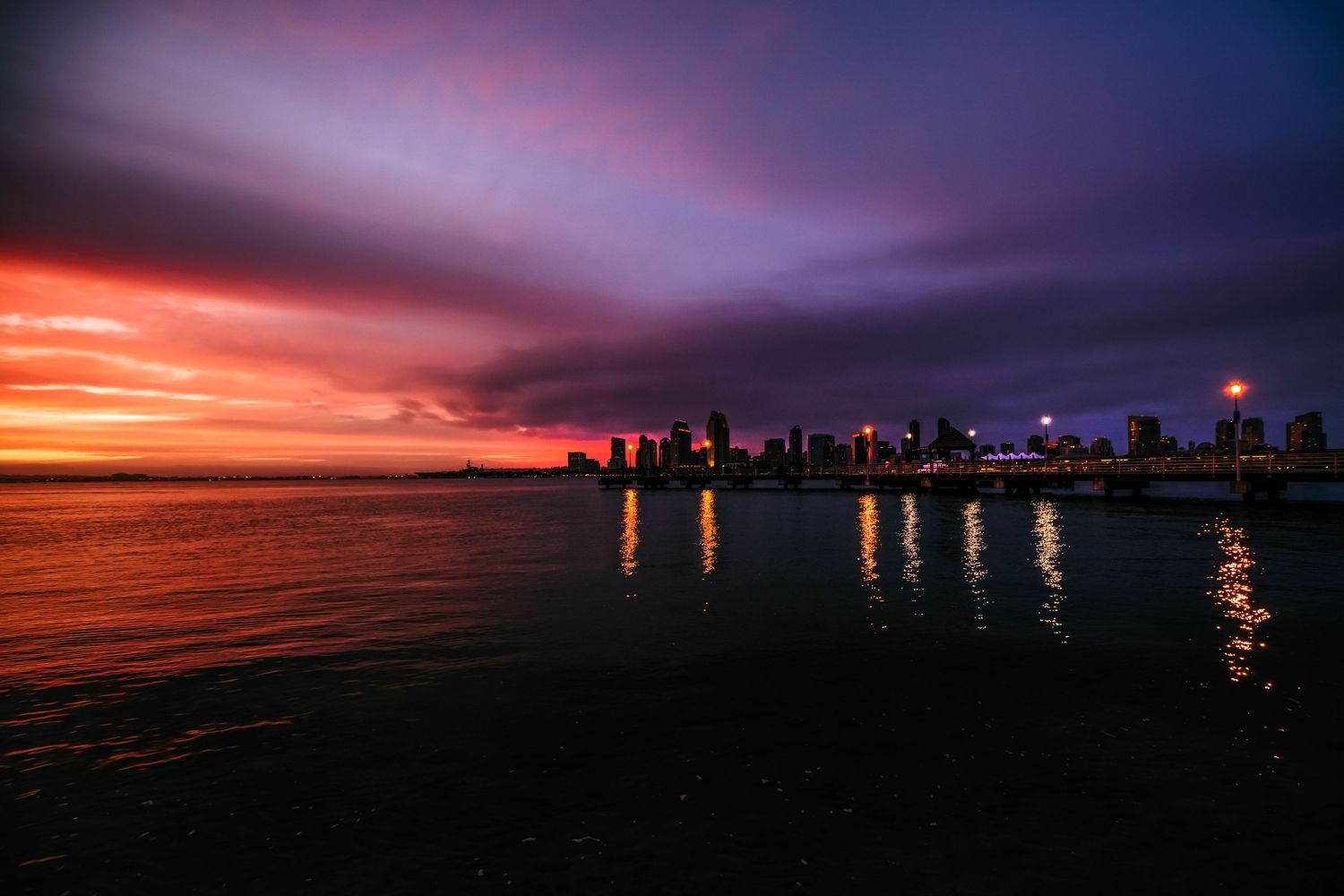 City skyline silhouette against dramatic purple and orange sunset sky with reflections on calm harbor waters.