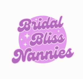 A purple retro-style logo design for 'Bridal Bliss Nannies' with sparkles and groovy lettering.