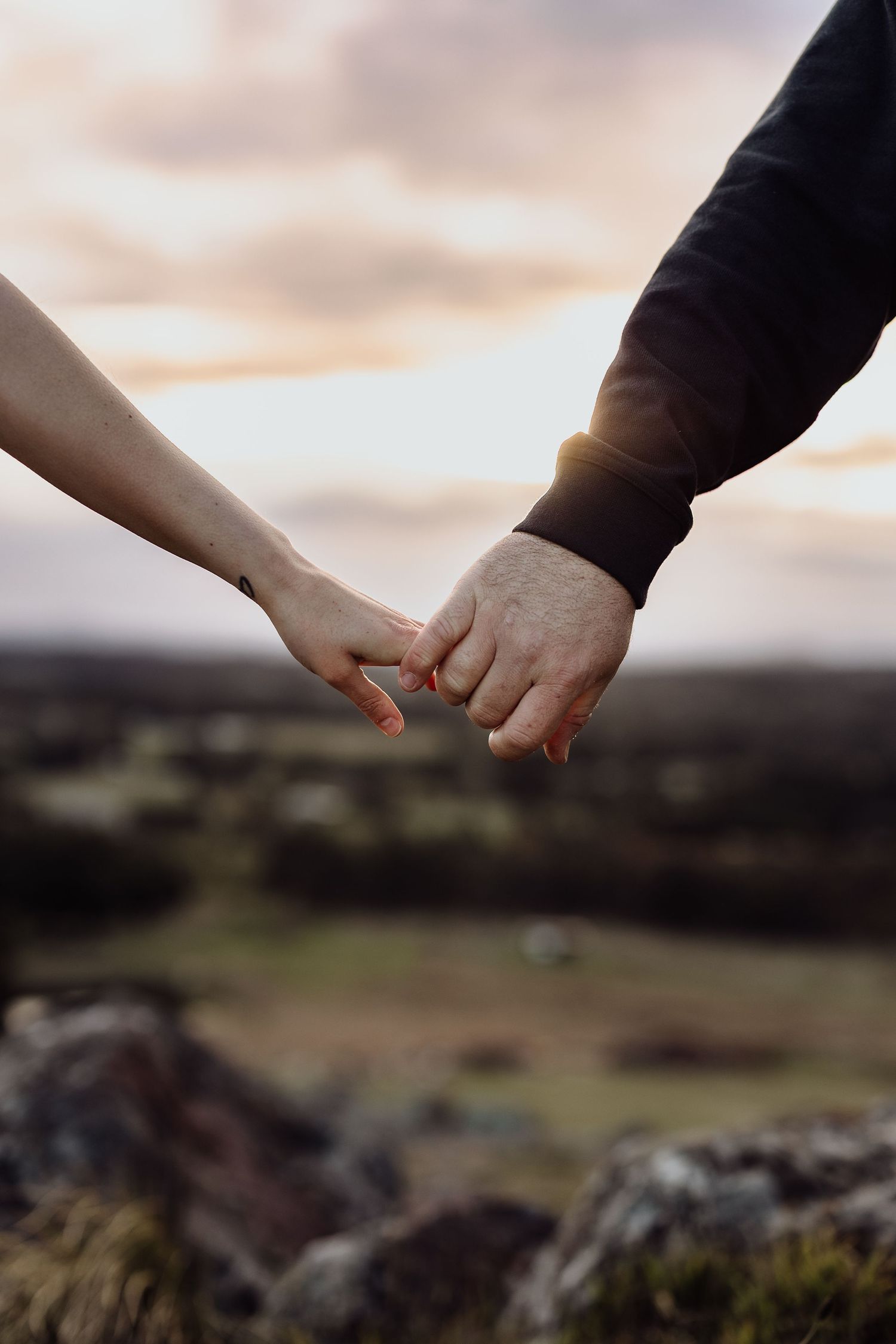 Two hands reaching to hold each other against a sunset landscape.