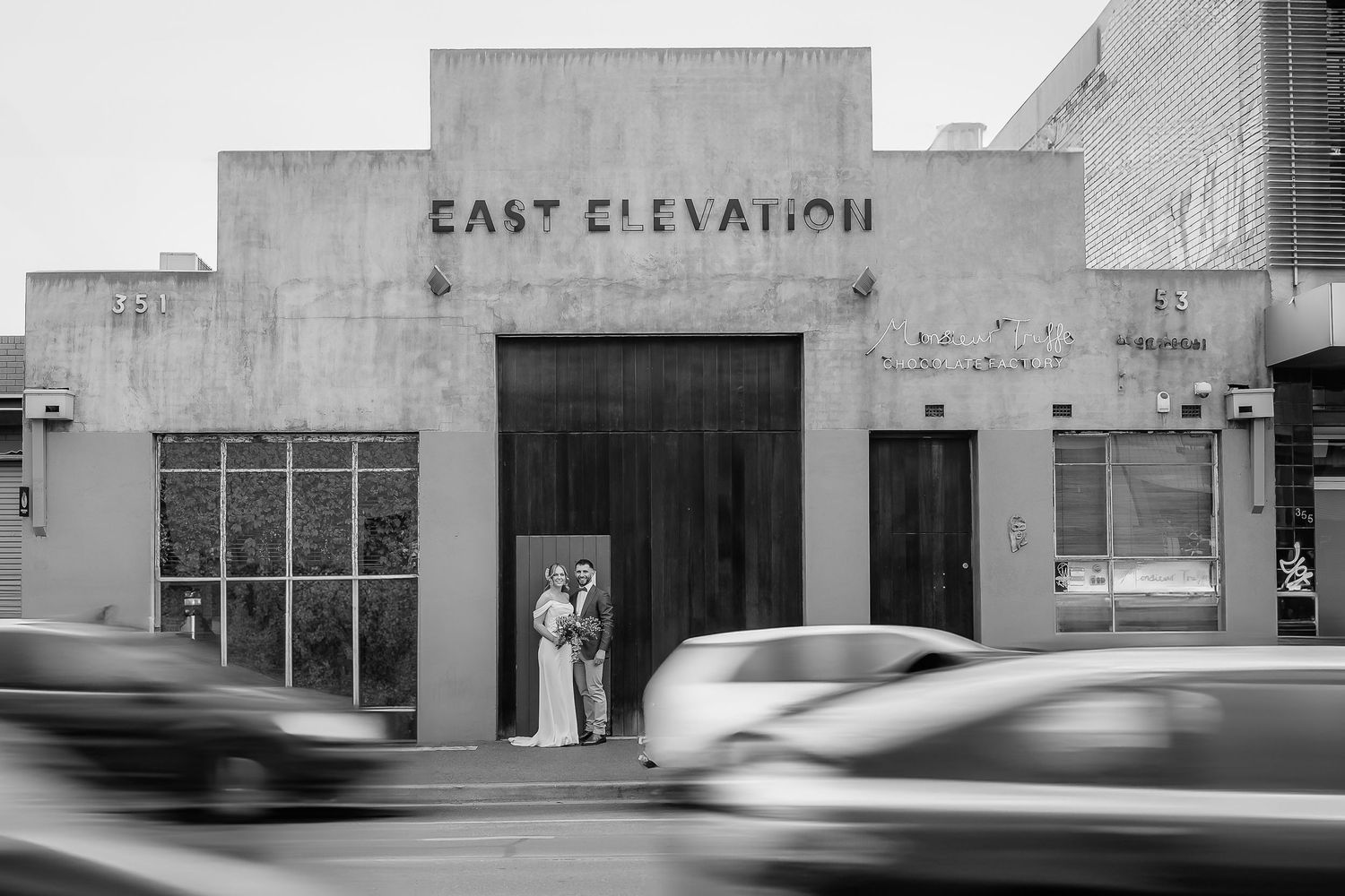 A series of architectural elevation drawings and photographs showing a commercial storefront design in black and white.