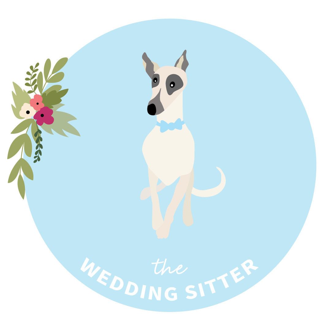 Illustrated logo design of a white and black dog with floral accents on light blue background for The Wedding Sitter.