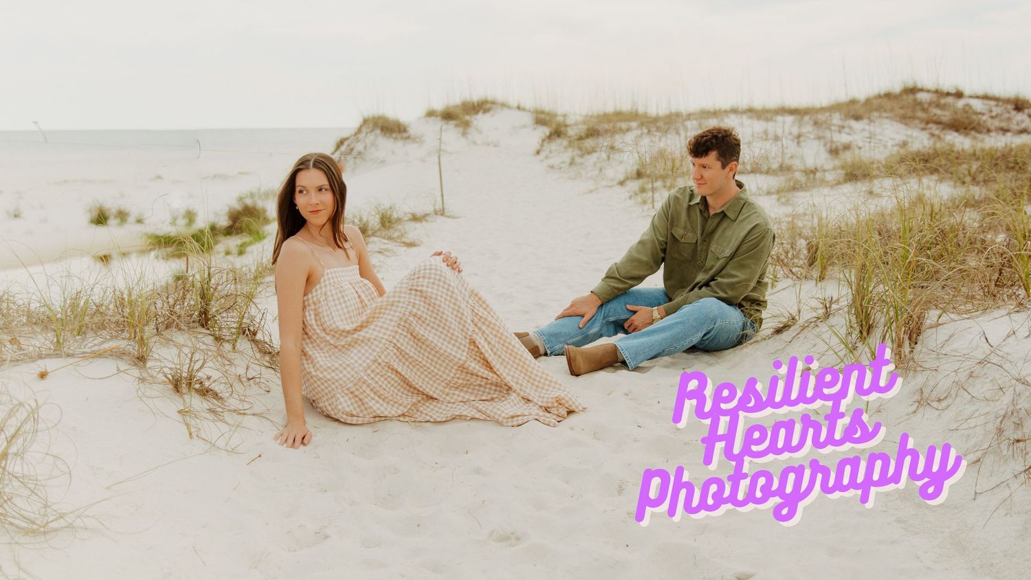 A series of romantic beach engagement photos showing a couple sitting and embracing on sandy dunes at sunset.