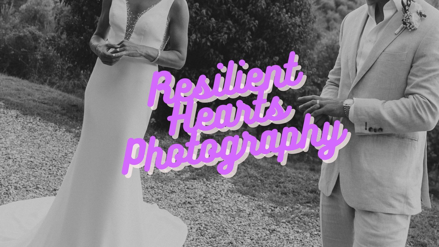 Black and white wedding photo with neon pink text overlay reading 'Resilient Love Photography' in script font.
