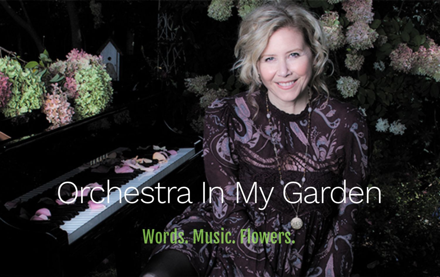 Musician Branding Portrait Linda Brooks Orchestra In My Garden sitting at Grand Piano in Garden