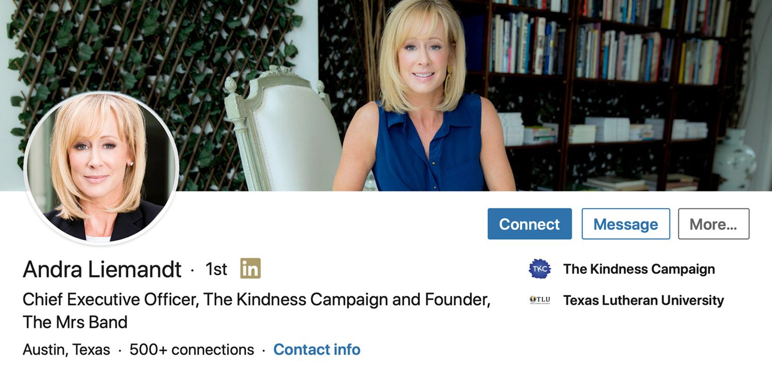 LinkedIn Profile Picture with Background Image featuring Andra Liemandt circle insert close up with slight smile banner photo sitting