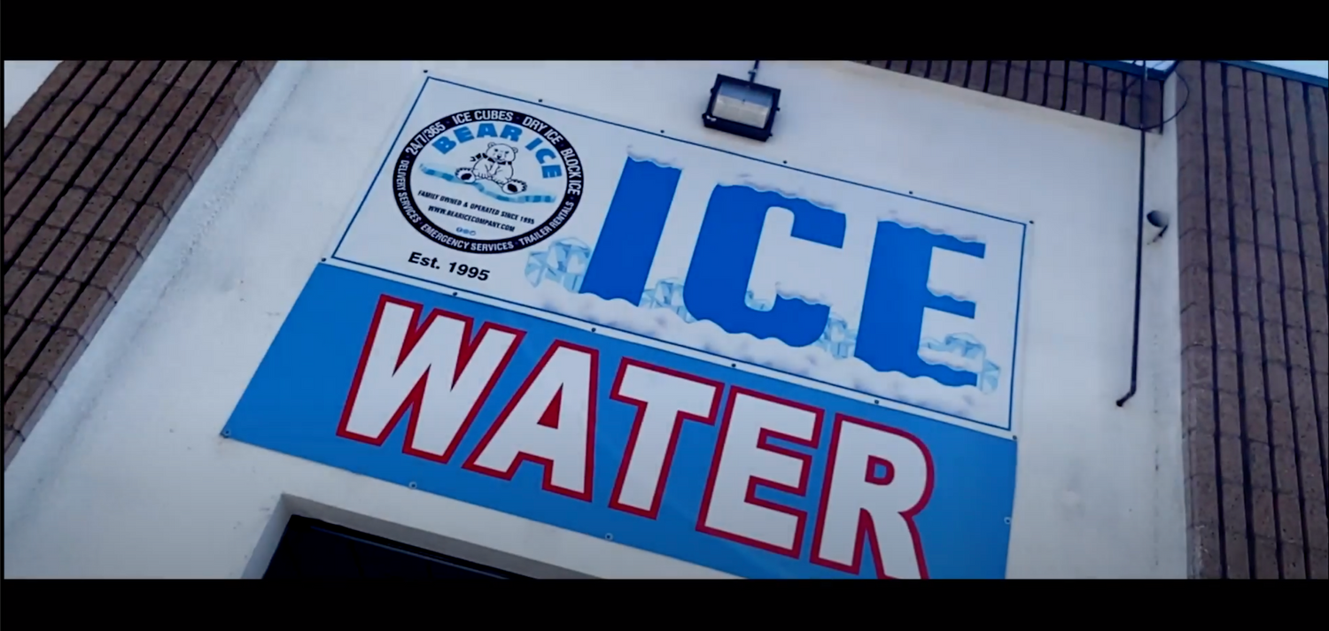 Establishing shot Bear Ice Retail Store Sign at slightly askew angle