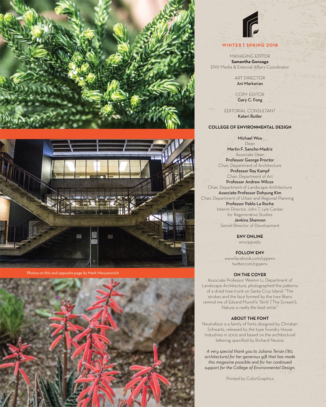 College program brochure page with architectural photos and plant life decorative elements.