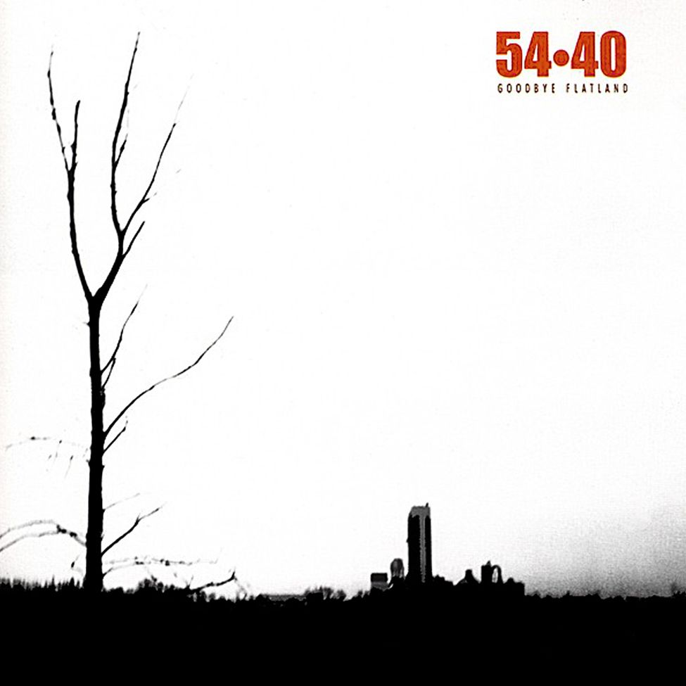Album Cover Original Art 5440 Title Goodbye Flatlands black and white image sticky tree in foreground tall buildings very small background