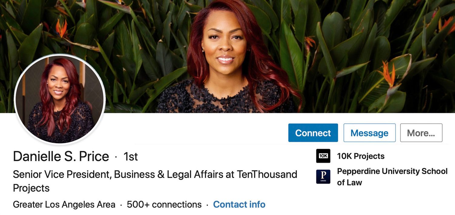 Example of LinkedIn Profile Picture with Background Image featuring Danielle Price smiling circle insert background image against leaves