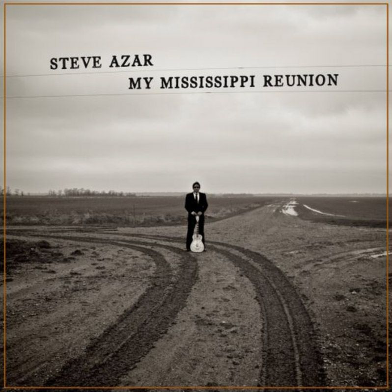 Steve Azar CD cover title My Mississippi Reunion desaturated image of Steve Azar standing at crossroads wearing suit