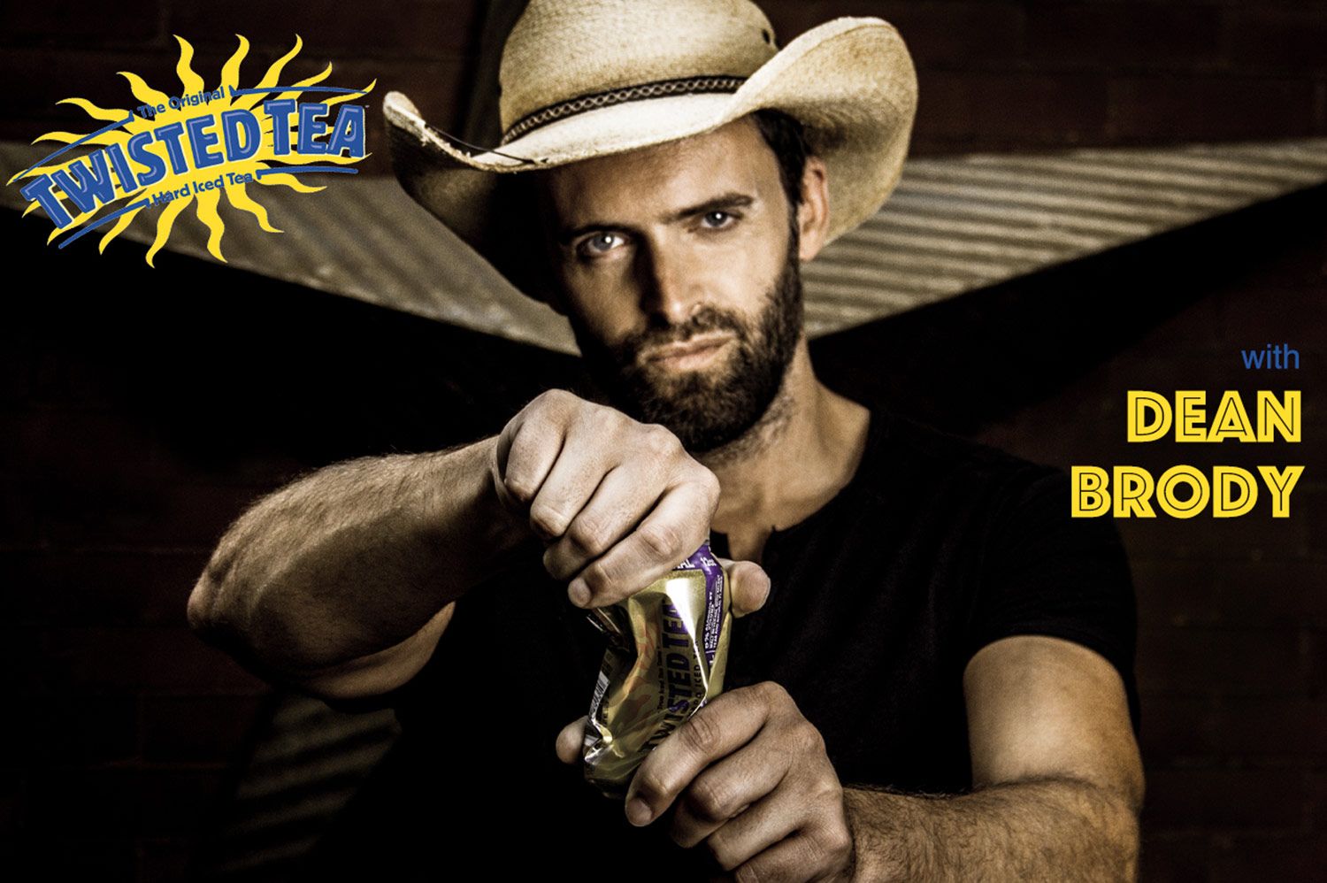 Promotional image of a person in cowboy hat opening a bottle in dramatic lighting.