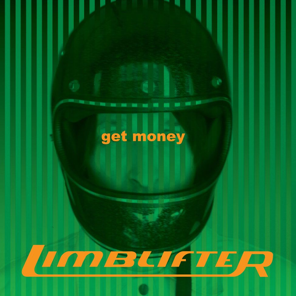 Original Artwork Single Cover Band Limblifter Title Get Money closeup of singer in motorcycle helmet black and white image with stripes