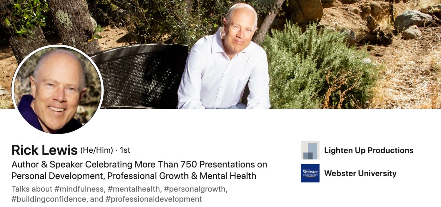 LinkedIn Profile Headshot with Banner Image Rick Lewis photographed while sitting in his garden with LinkedIn text underneath