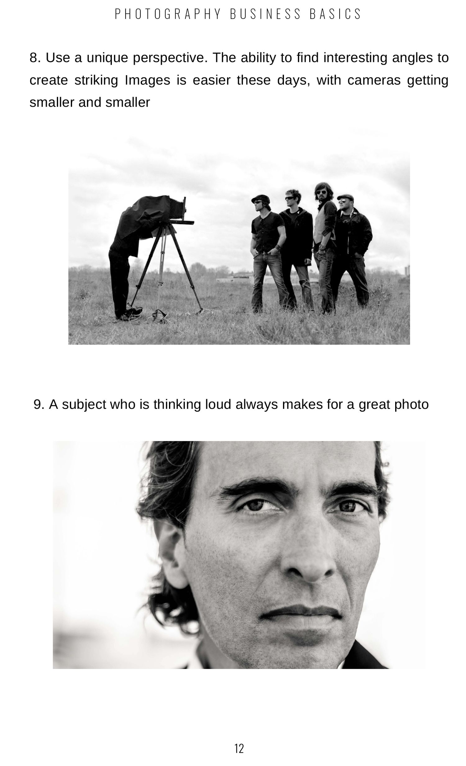 Photography tips eight and nine  from Photography Business Basics book with corresponding example images in black and white