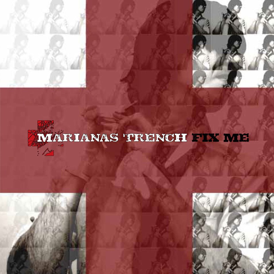 Original Artwork Single Cover Band Marianas Trench Title Fix Me black and white image of singer putting on gloves red cross over image