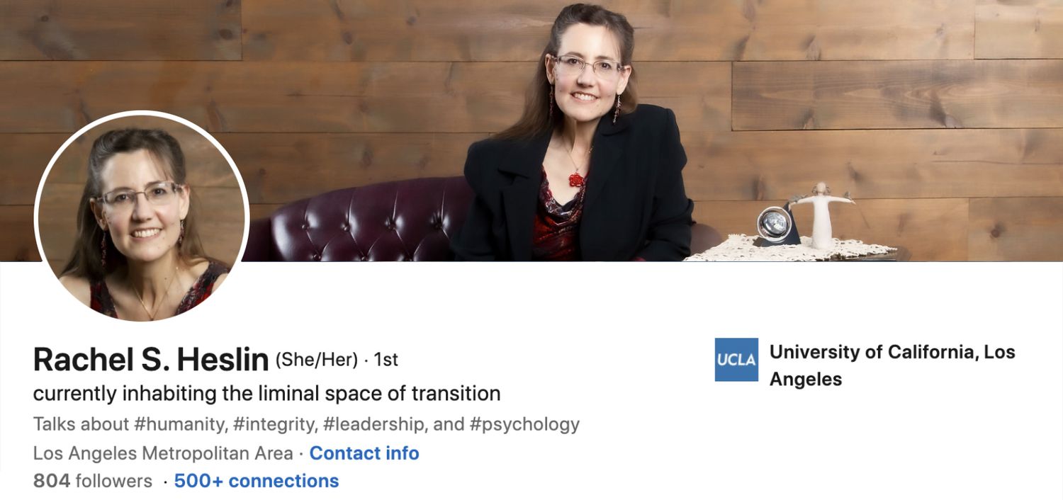 LinkedIn Profile Image with Background Photo featuring Rachel Heslin circle insert closeup wearing sleeveless burgundy dress while smiling