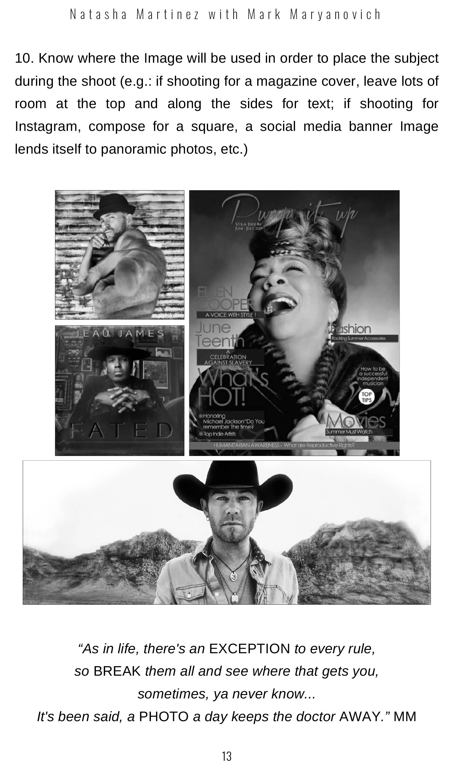 Photography tip ten  from Photography Business Basics book with corresponding example image in black and white