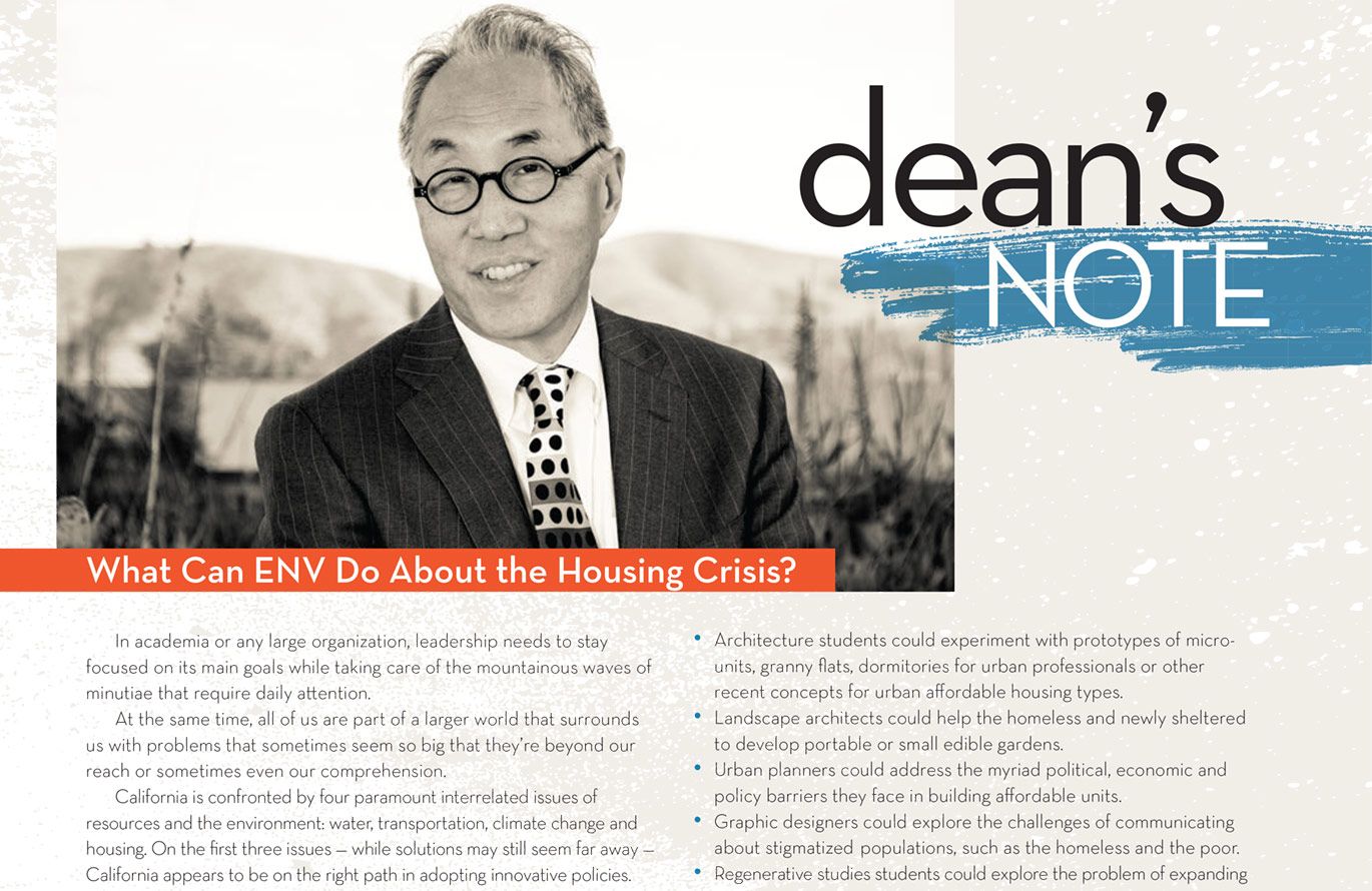 Corporate Lifestyle Photography Deans Note ENV Magazine black and white portrait Dean Michael Woo seated outside on campus ENV Magazine page