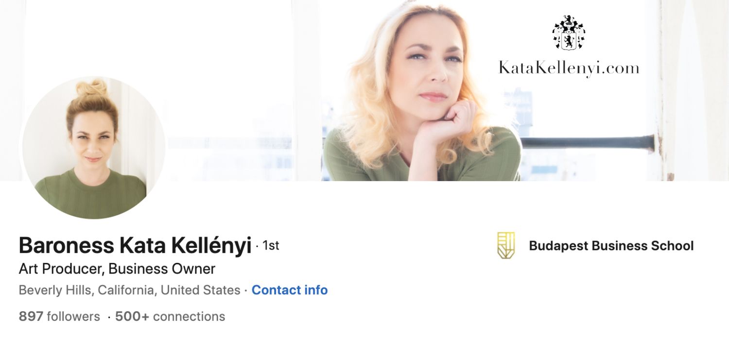 LinkedIn Profile Photo with Background Photo featuring Baroness Kata Kellenyi circle insert closeup  in green dress background image sitting