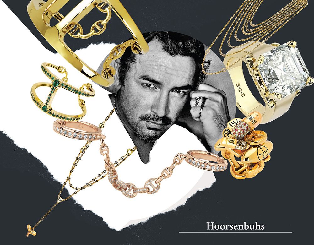 Branding portrait Vogue Magazine Robert Keith  Hoorsenbuhs Luxury Jewelers black and white closeup hand to cheek surrounded by jewelry