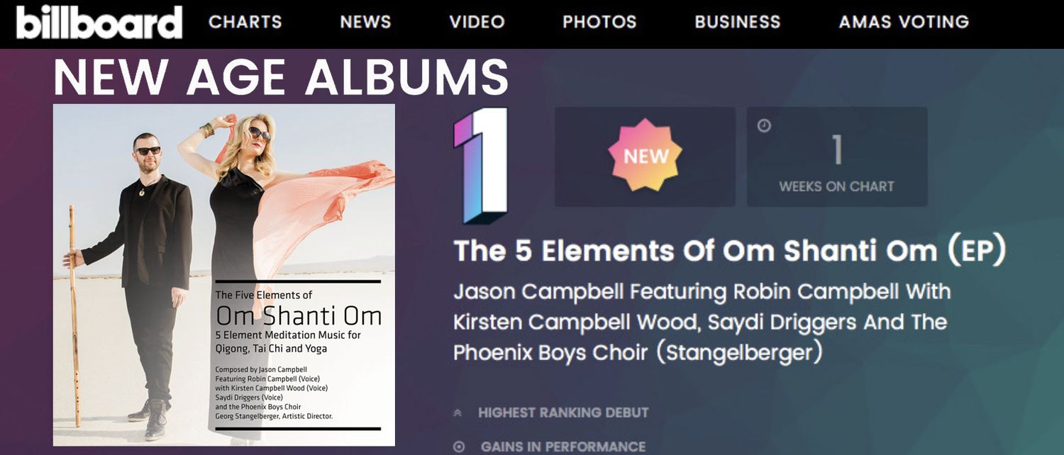 Billboard Chart Announcement Number One New Age Album Om Shanti Om Jason Campbell featuring Robin Cambell standing in desert