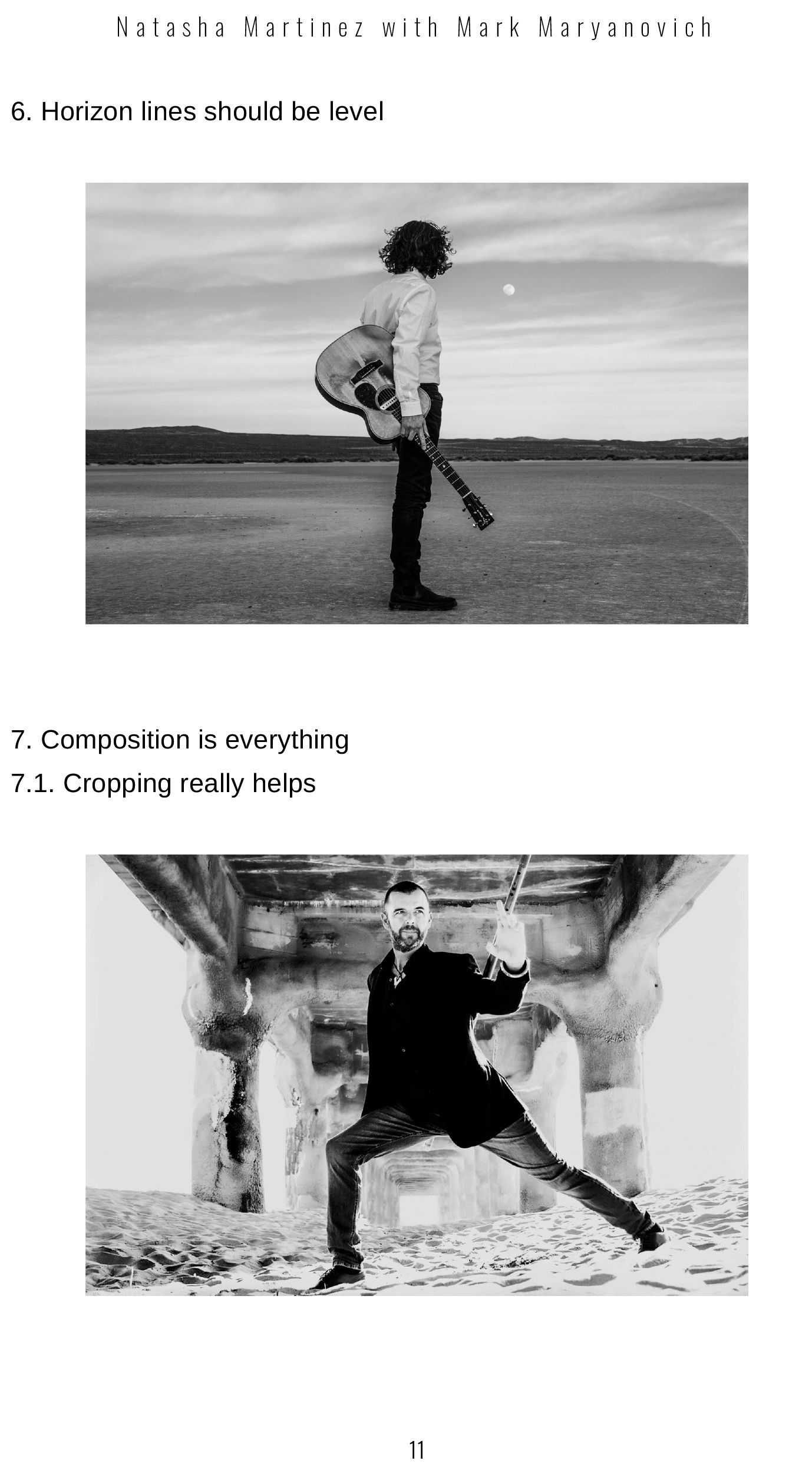 Photography tips six and seven  from Photography Business Basics book with corresponding example images in black and white