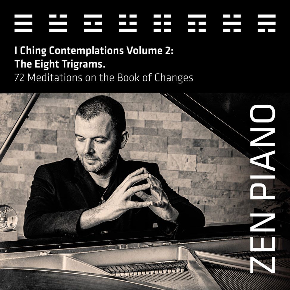 CD cover title Zen Piano I Ching Contemplations Volume 2 black and white toned image Jason Campbell sitting at piano elbows resting on top