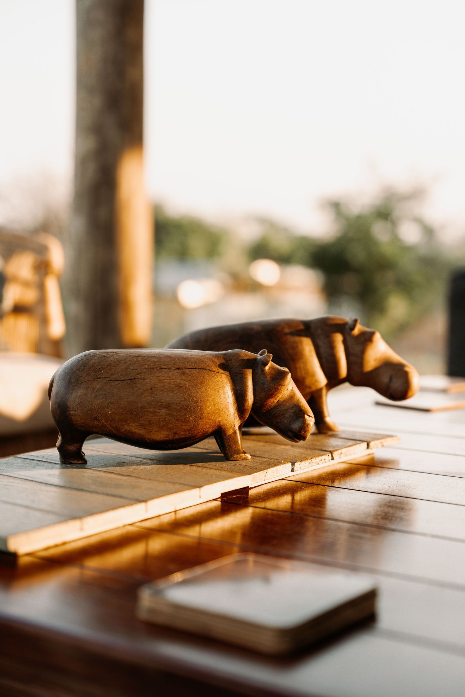 A sequence of wooden cooking utensils lying on a rustic wooden table in warm sunlight.