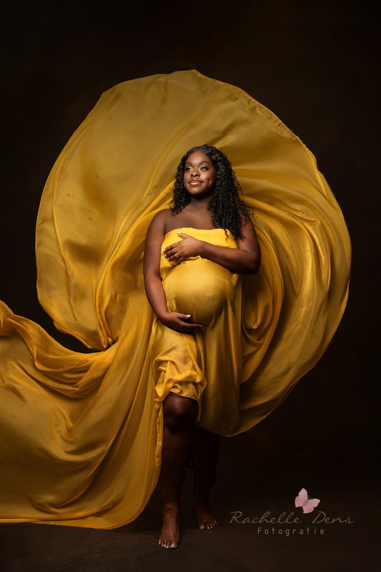 Artistic photo series showing flowing golden fabric in motion against dark background creating dramatic movement and shapes.