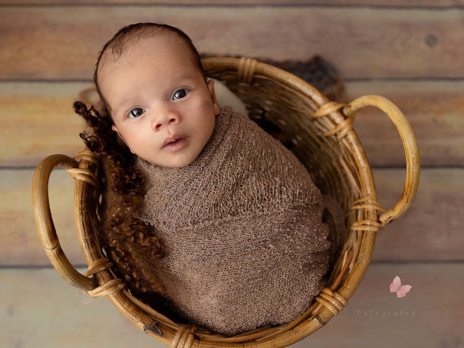 Newborn wrapped in brown swaddle blanket lying in woven basket with wooden backdrop and tiny butterfly decoration.