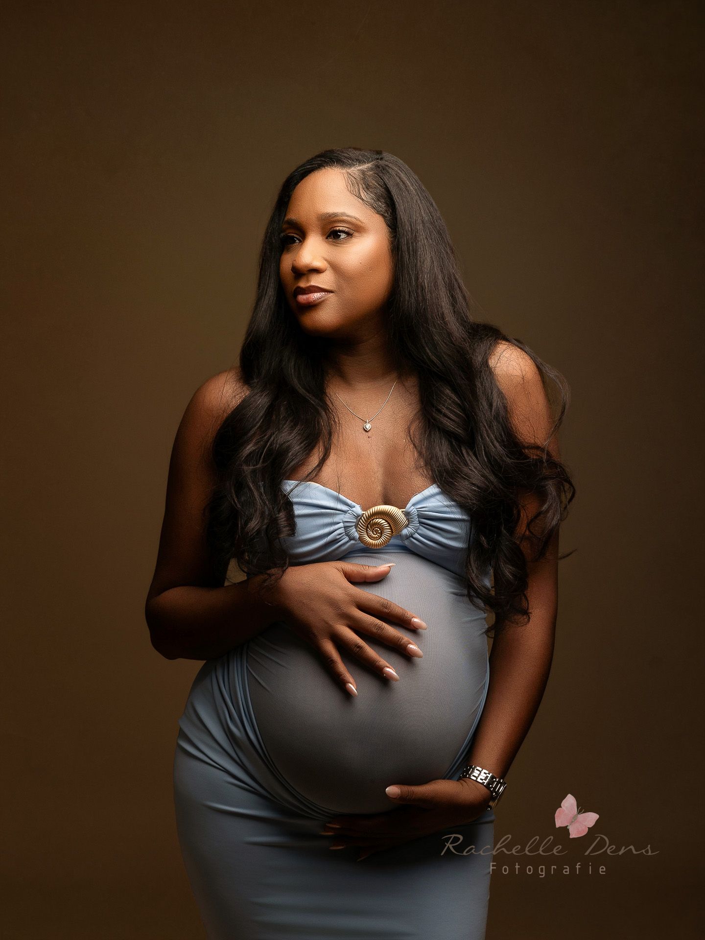 A series of maternity photos showing a pregnant woman in a gray dress against a dark brown background.