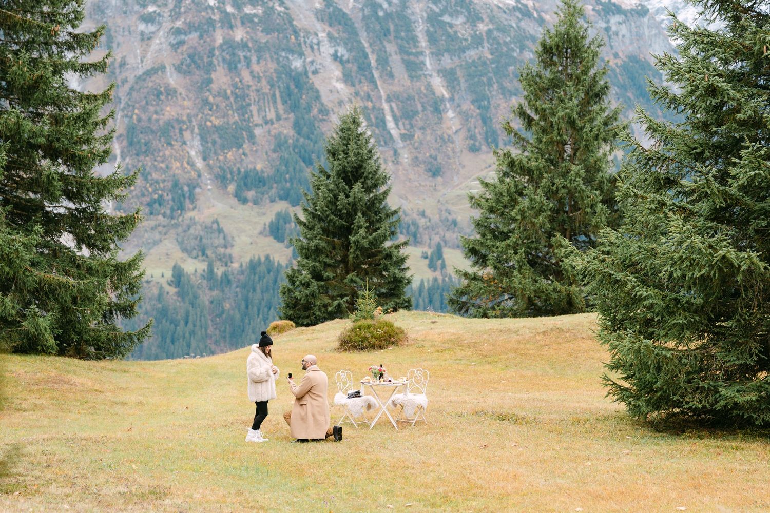 A scenic mountain meadow with evergreen trees above Grindelwald, with a man proposing to his girlfriend for marriage.