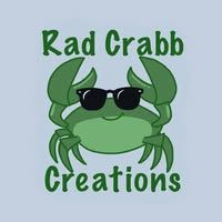 A cute cartoon green crab wearing sunglasses with text 'Rad Crabb Creations' in a logo design.