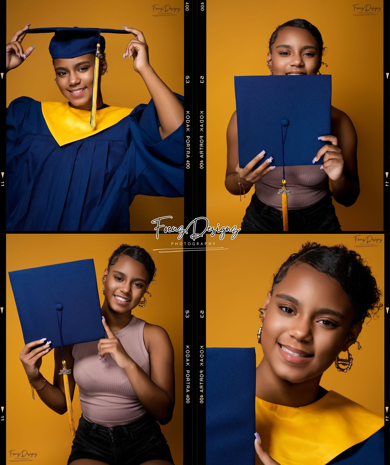 A graduation photoshoot collage featuring navy blue cap and gown against a yellow background.