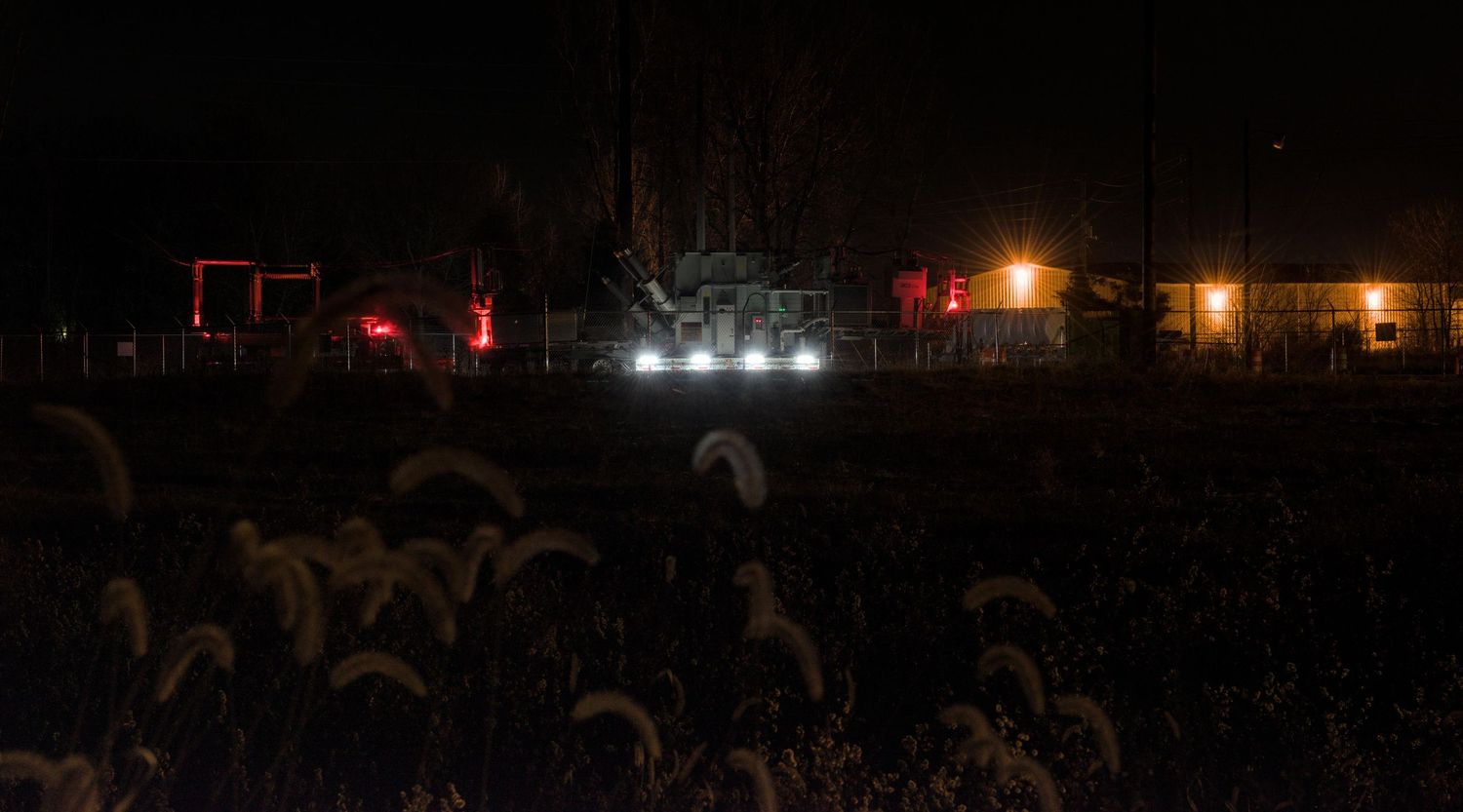 White, red, and amber lights illuminate the background in front of fluffy tufts of grass.