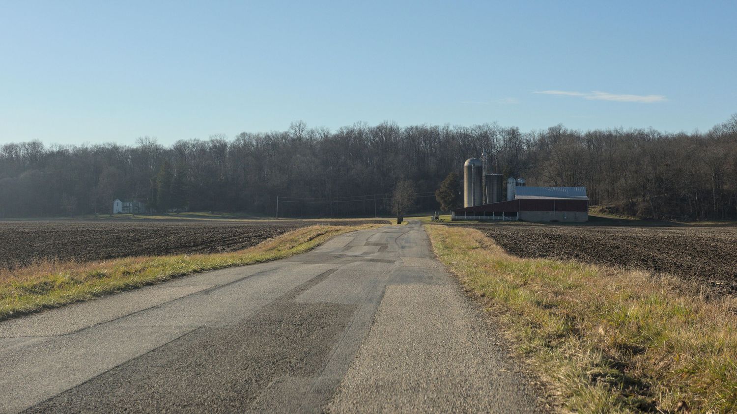A blue cloudless sky festoons this country scene of a rural road made of what appears to be a patchwork quilt of asphalt patches.