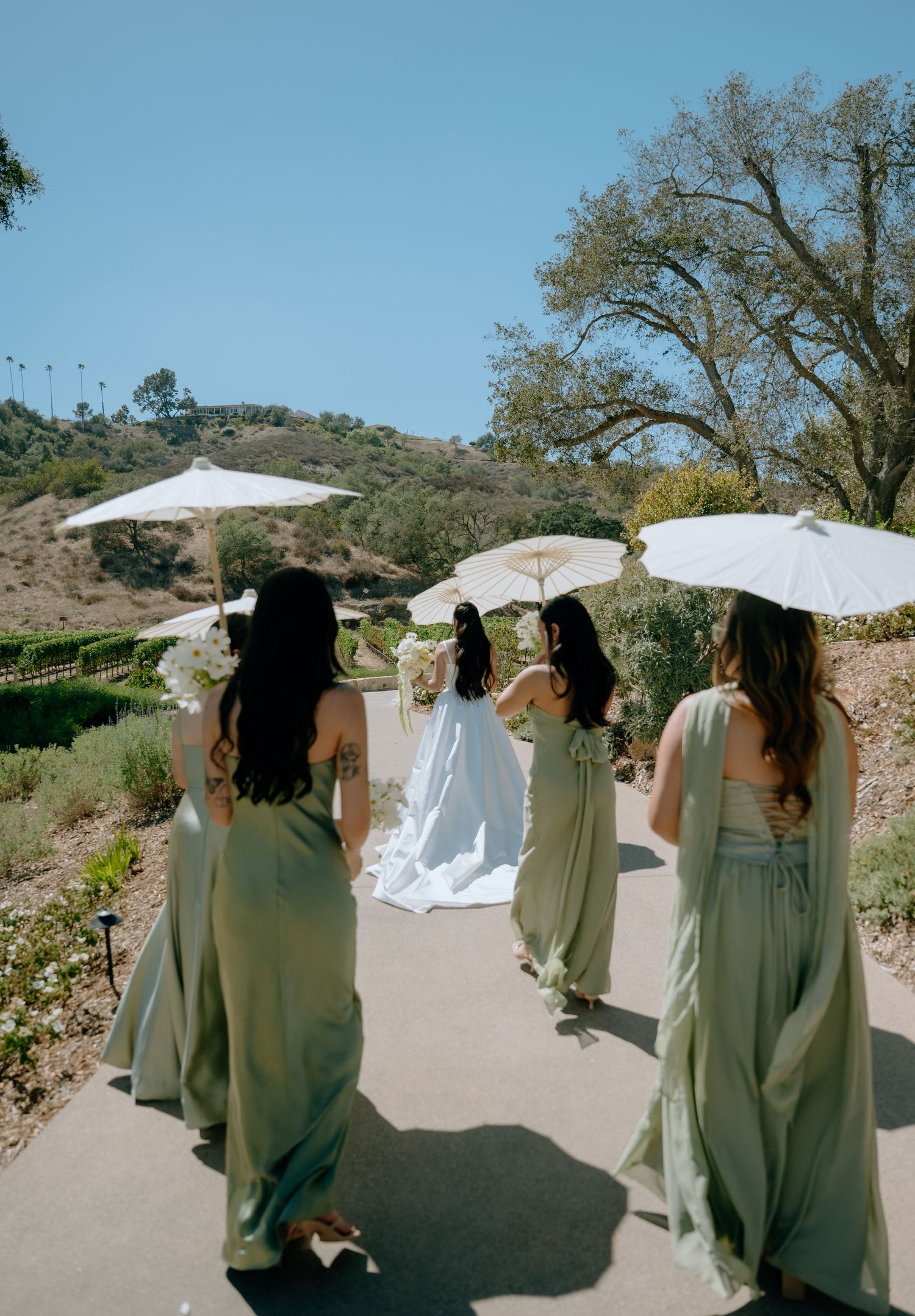 Bridesmaids in sage green gowns holding white parasols walk with bride in white dress along sunny outdoor wedding path.