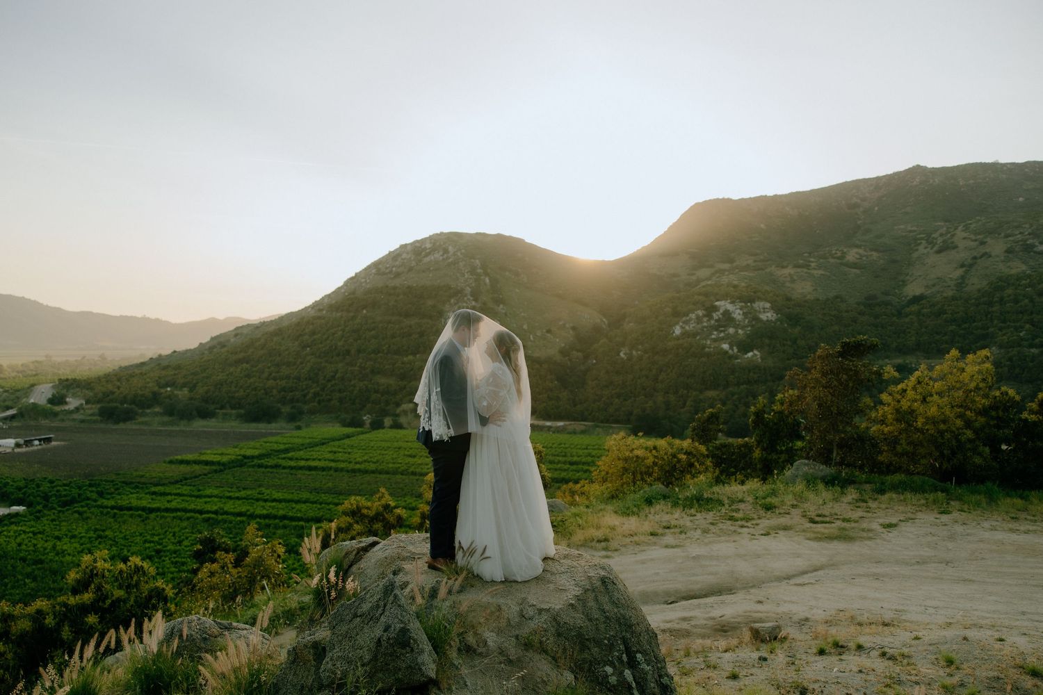 Bride and groom standing on a rocky overlook kissing at sunset with green mountain valley behind them.