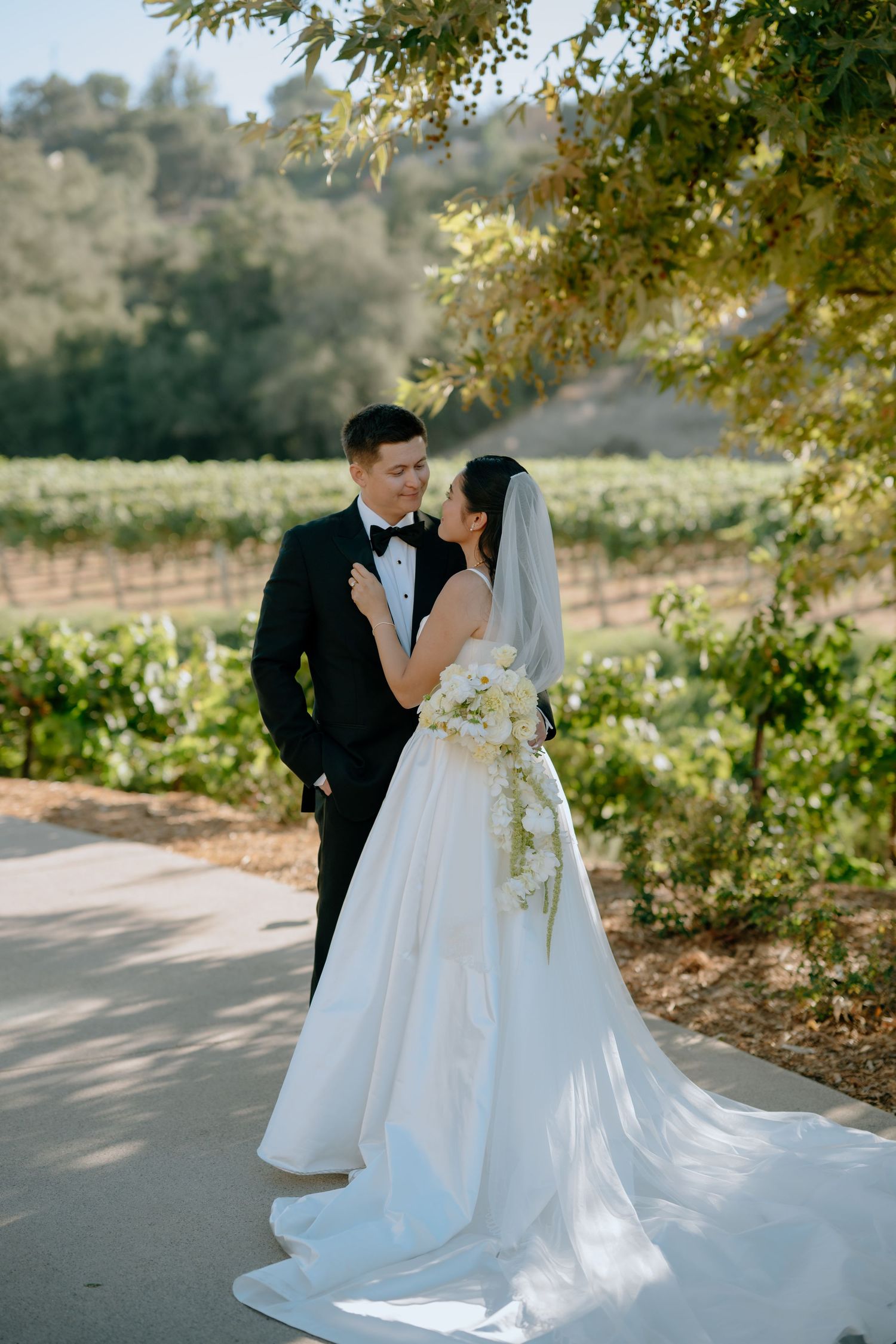 Bride and groom share a romantic moment in a vineyard, she in a white gown with veil, he in a black tuxedo.