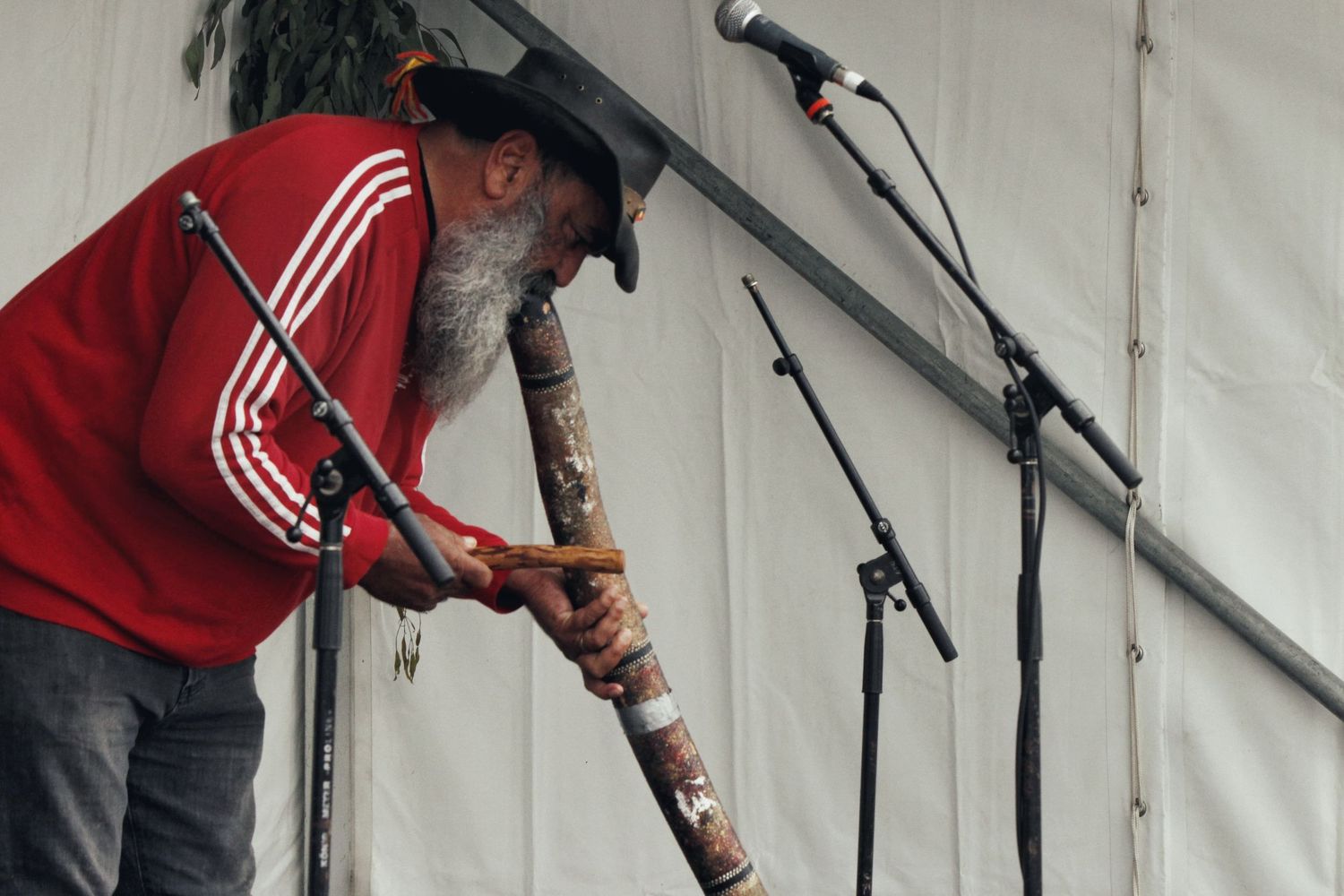Bearded man in a red striped jacket and hat plays a long wooden didgeridoo on stage beside microphone stands.