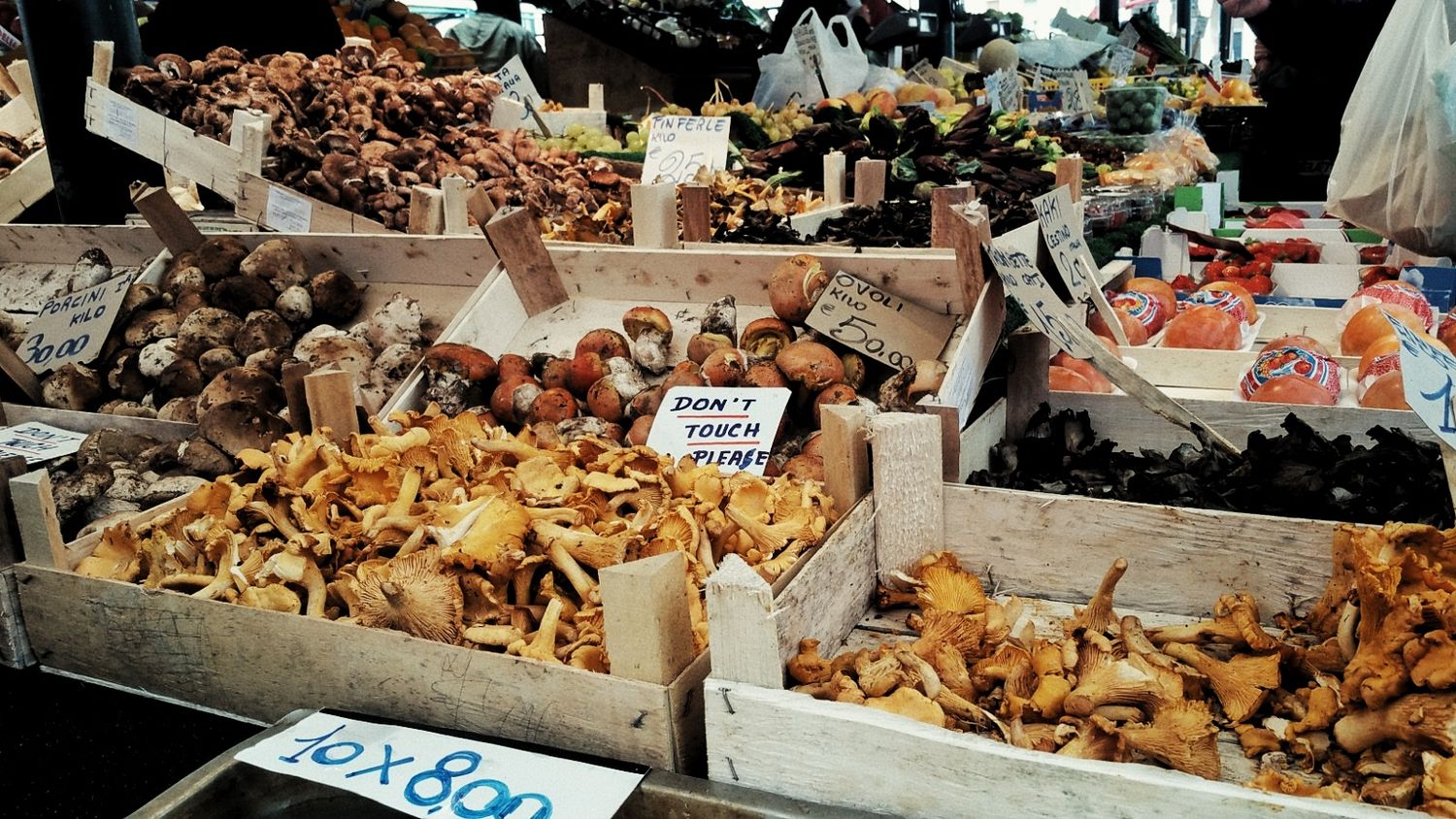 Wooden crates at a market stall filled with fresh chanterelle and other wild mushrooms, with handwritten price tags on display.
