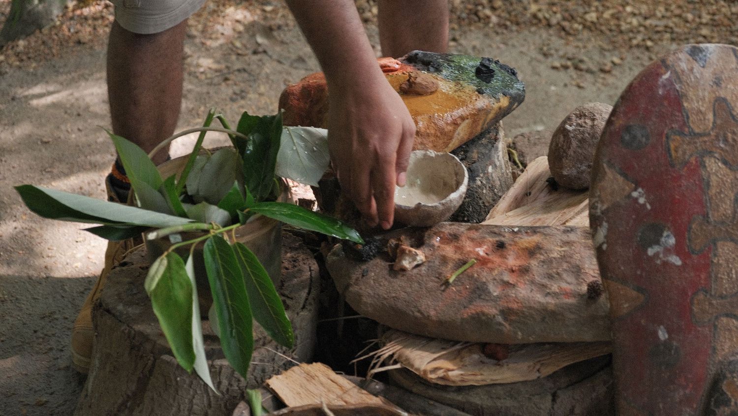 A person's hand arranges green leaves and ceremonial items on stones during a traditional cultural demonstration outdoors.
