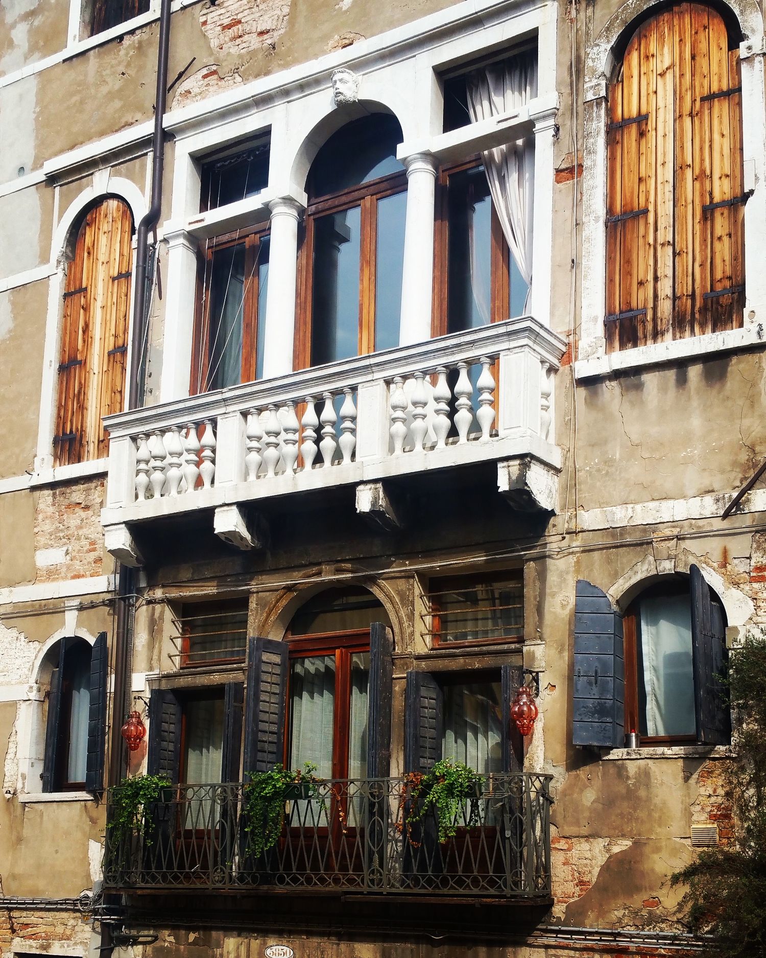 Weathered Venetian building facade with a stone balustrade balcony, arched windows, wooden shutters, and potted plants.